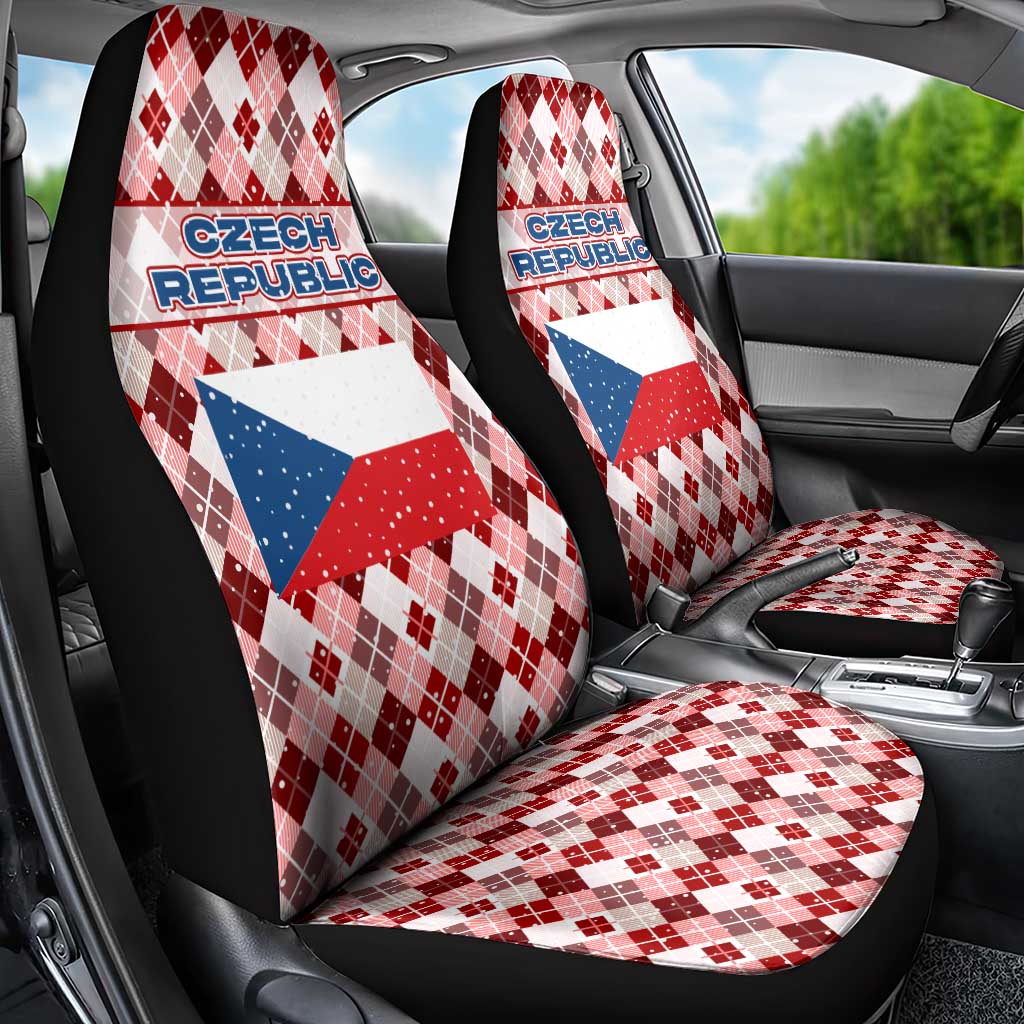 Czech Republic Christmas Car Seat Cover with Red-White Checkered Design, Double-Tailed Lion, and Festive Motif - Wonder Print Shop