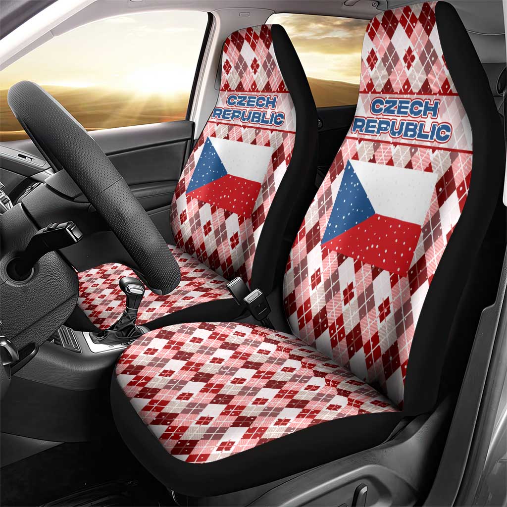 Czech Republic Christmas Car Seat Cover with Red-White Checkered Design, Double-Tailed Lion, and Festive Motif - Wonder Print Shop