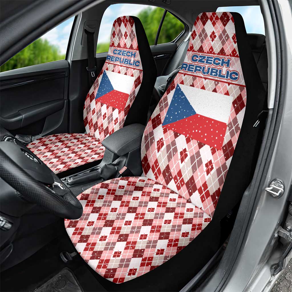 Czech Republic Christmas Car Seat Cover with Red-White Checkered Design, Double-Tailed Lion, and Festive Motif - Wonder Print Shop