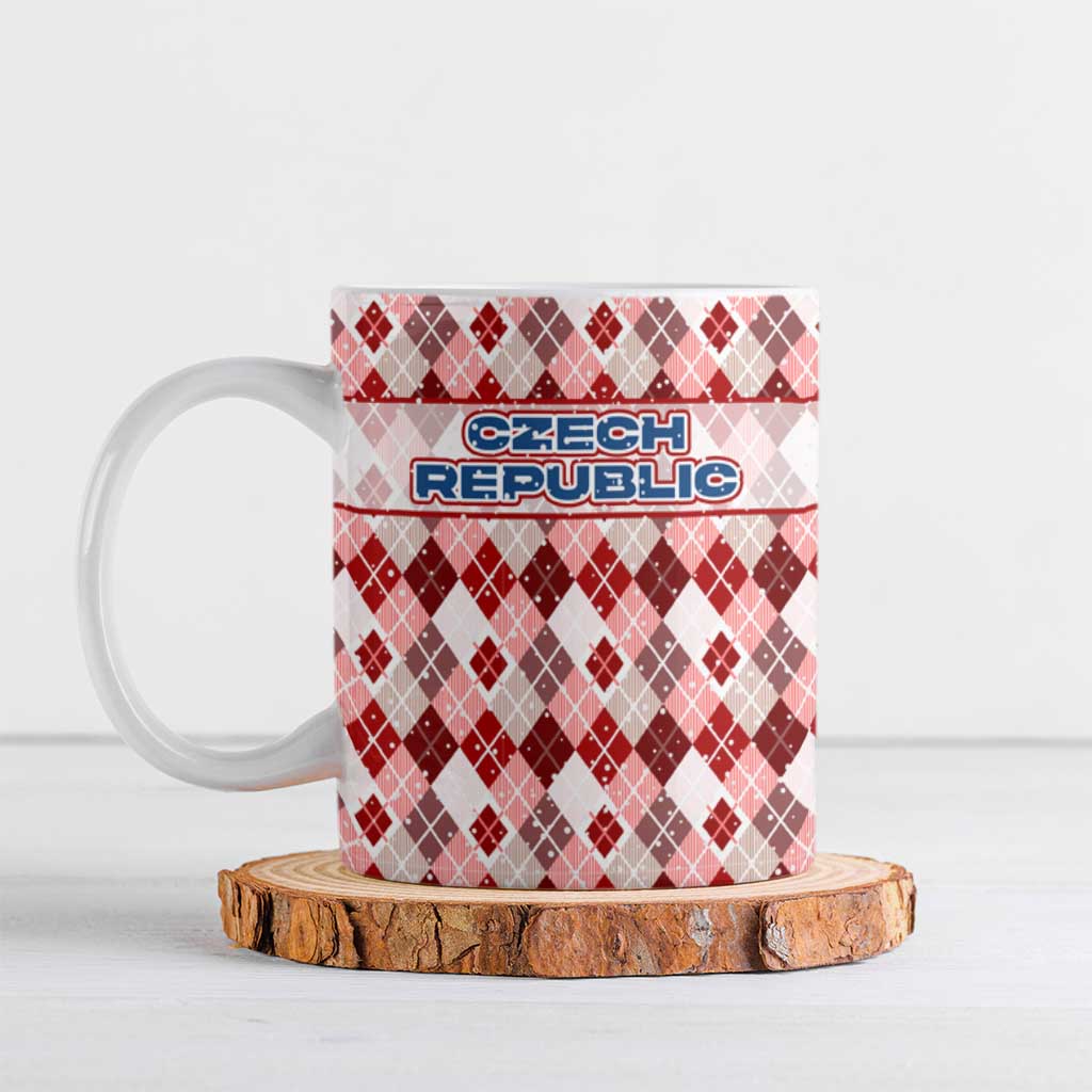 Czech Republic Christmas Ceramic Mug with Red-White Checkered Design, Double-Tailed Lion, and Festive Motif - Wonder Print Shop