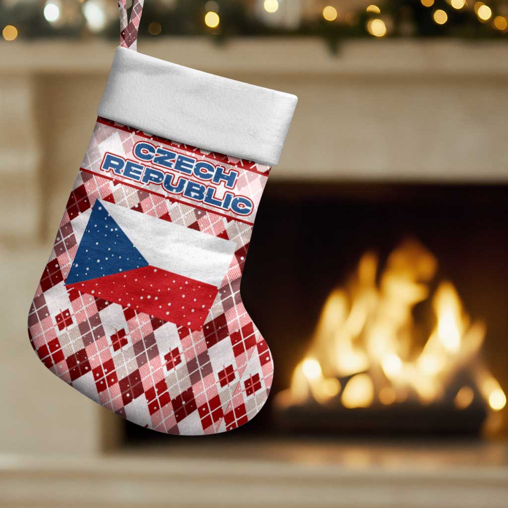 Czech Republic Christmas Stocking with Red-White Checkered Design, Double-Tailed Lion, and Festive Motif - Wonder Print Shop