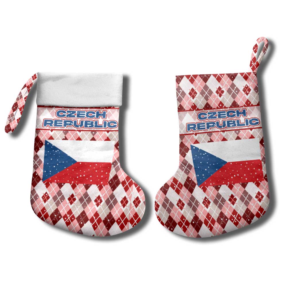 Czech Republic Christmas Stocking with Red-White Checkered Design, Double-Tailed Lion, and Festive Motif - Wonder Print Shop