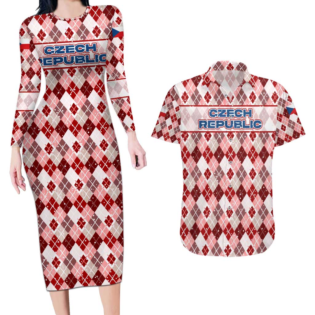Czech Republic Christmas Couples Matching Long Sleeve Bodycon Dress and Hawaiian Shirt with Red-White Checkered Design, Double-Tailed Lion, and Festive Motif - Wonder Print Shop