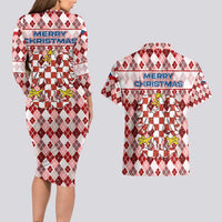 Czech Republic Christmas Couples Matching Long Sleeve Bodycon Dress and Hawaiian Shirt with Red-White Checkered Design, Double-Tailed Lion, and Festive Motif - Wonder Print Shop