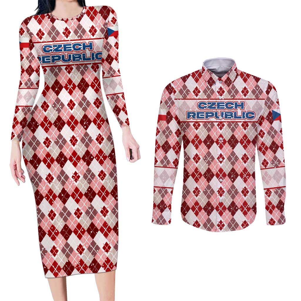Czech Republic Christmas Couples Matching Long Sleeve Bodycon Dress and Long Sleeve Button Shirt with Red-White Checkered Design, Double-Tailed Lion, and Festive Motif - Wonder Print Shop