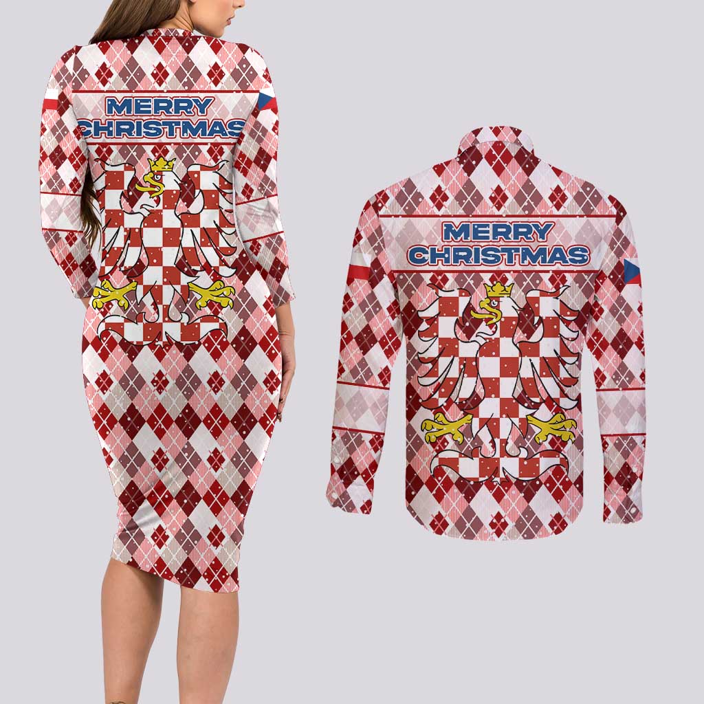 Czech Republic Christmas Couples Matching Long Sleeve Bodycon Dress and Long Sleeve Button Shirt with Red-White Checkered Design, Double-Tailed Lion, and Festive Motif - Wonder Print Shop