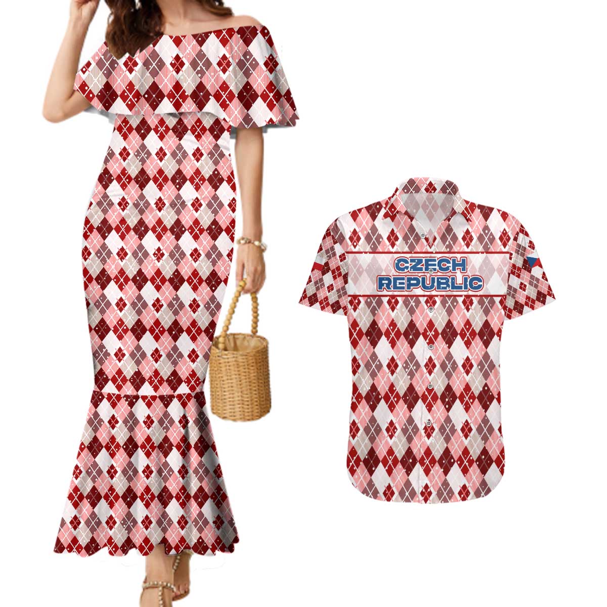 Czech Republic Christmas Couples Matching Mermaid Dress and Hawaiian Shirt with Red-White Checkered Design, Double-Tailed Lion, and Festive Motif - Wonder Print Shop