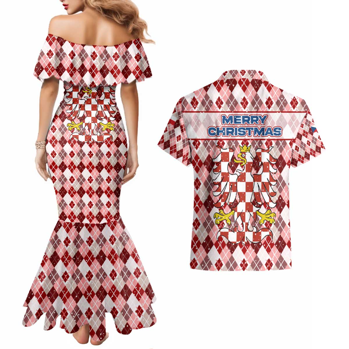 Czech Republic Christmas Couples Matching Mermaid Dress and Hawaiian Shirt with Red-White Checkered Design, Double-Tailed Lion, and Festive Motif - Wonder Print Shop