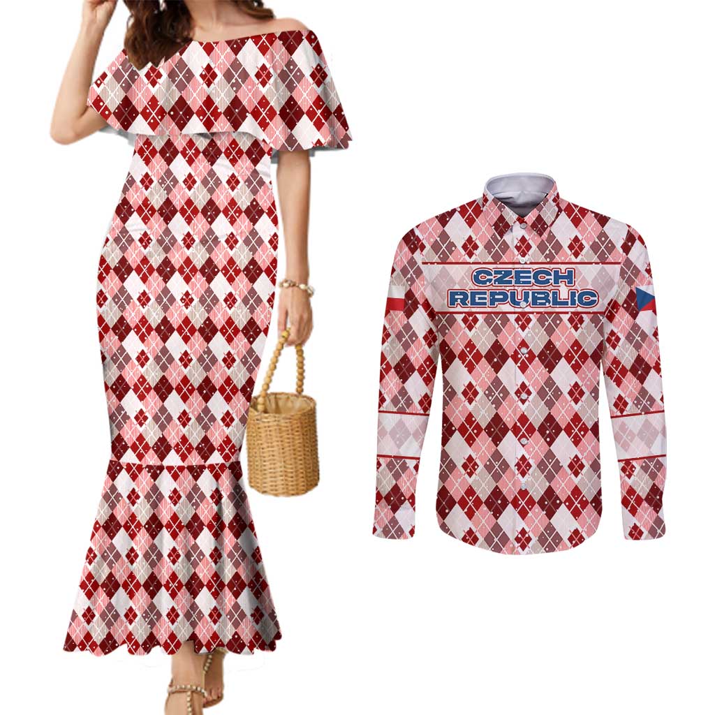 Czech Republic Christmas Couples Matching Mermaid Dress and Long Sleeve Button Shirt with Red-White Checkered Design, Double-Tailed Lion, and Festive Motif - Wonder Print Shop