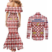 Czech Republic Christmas Couples Matching Mermaid Dress and Long Sleeve Button Shirt with Red-White Checkered Design, Double-Tailed Lion, and Festive Motif - Wonder Print Shop