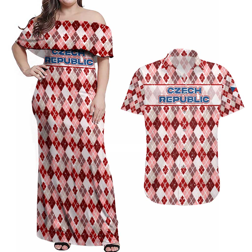 Czech Republic Christmas Couples Matching Off Shoulder Maxi Dress and Hawaiian Shirt with Red-White Checkered Design, Double-Tailed Lion, and Festive Motif - Wonder Print Shop