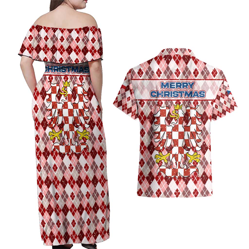 Czech Republic Christmas Couples Matching Off Shoulder Maxi Dress and Hawaiian Shirt with Red-White Checkered Design, Double-Tailed Lion, and Festive Motif - Wonder Print Shop