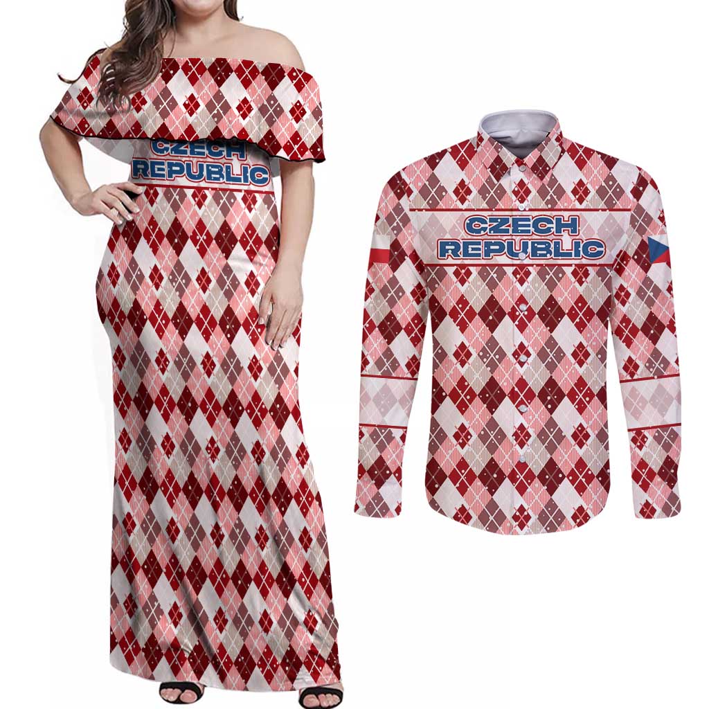 Czech Republic Christmas Couples Matching Off Shoulder Maxi Dress and Long Sleeve Button Shirt with Red-White Checkered Design, Double-Tailed Lion, and Festive Motif - Wonder Print Shop