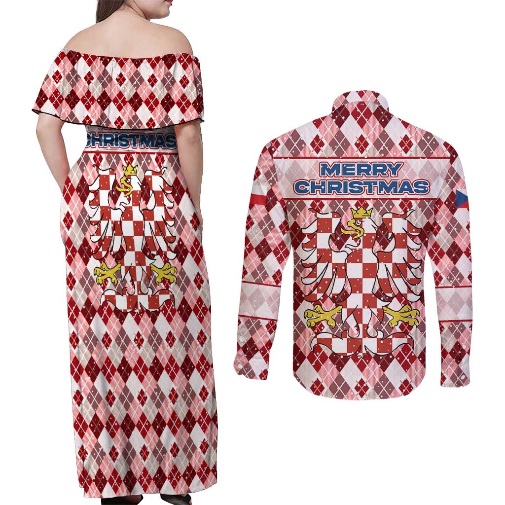 Czech Republic Christmas Couples Matching Off Shoulder Maxi Dress and Long Sleeve Button Shirt with Red-White Checkered Design, Double-Tailed Lion, and Festive Motif - Wonder Print Shop