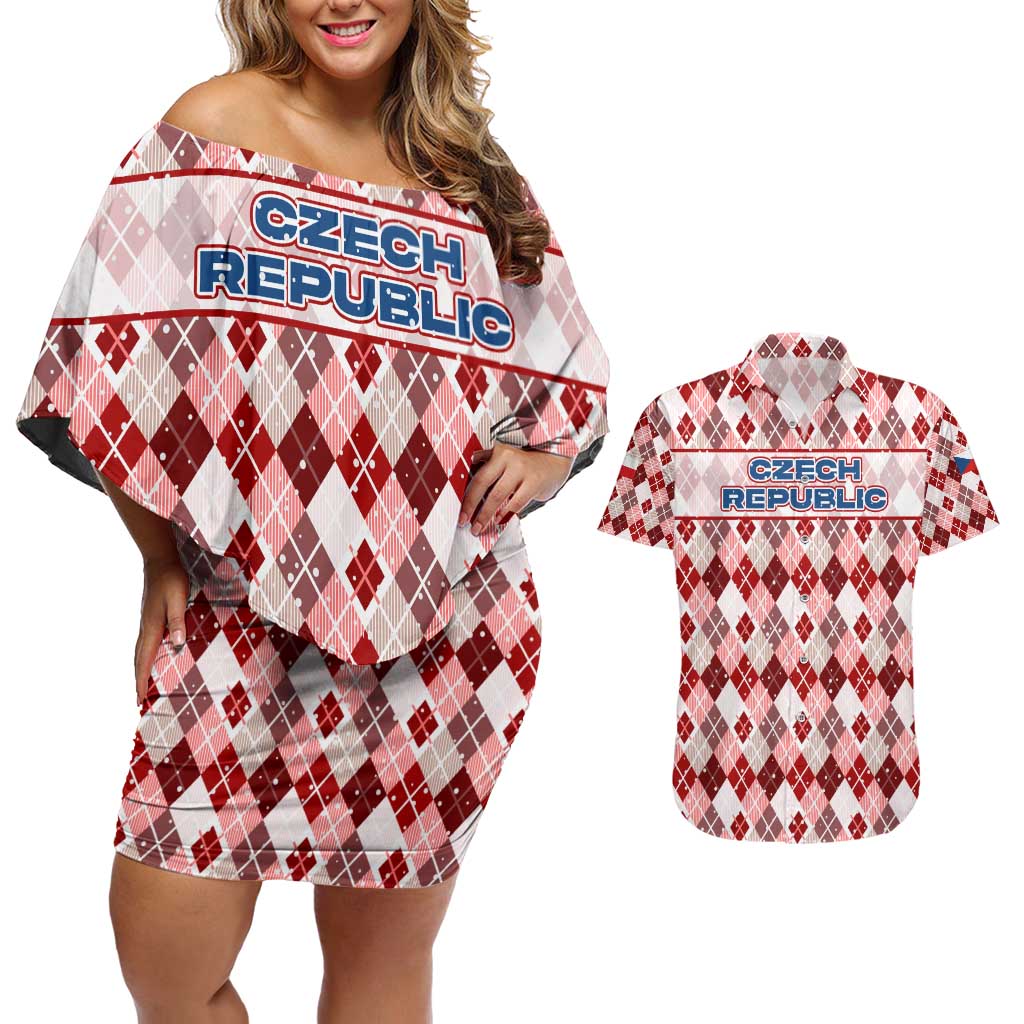 Czech Republic Christmas Couples Matching Off Shoulder Short Dress and Hawaiian Shirt with Red-White Checkered Design, Double-Tailed Lion, and Festive Motif - Wonder Print Shop