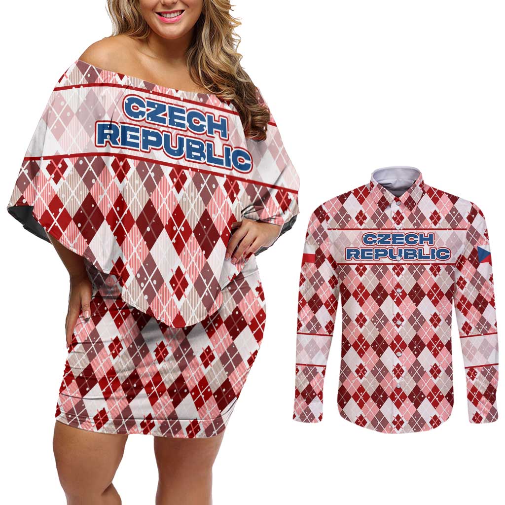 Czech Republic Christmas Couples Matching Off Shoulder Short Dress and Long Sleeve Button Shirt with Red-White Checkered Design, Double-Tailed Lion, and Festive Motif - Wonder Print Shop