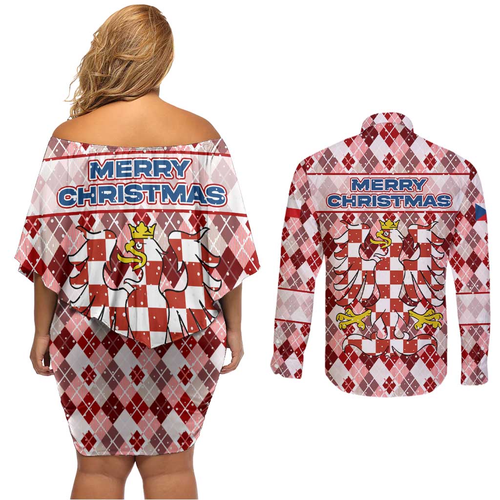 Czech Republic Christmas Couples Matching Off Shoulder Short Dress and Long Sleeve Button Shirt with Red-White Checkered Design, Double-Tailed Lion, and Festive Motif - Wonder Print Shop