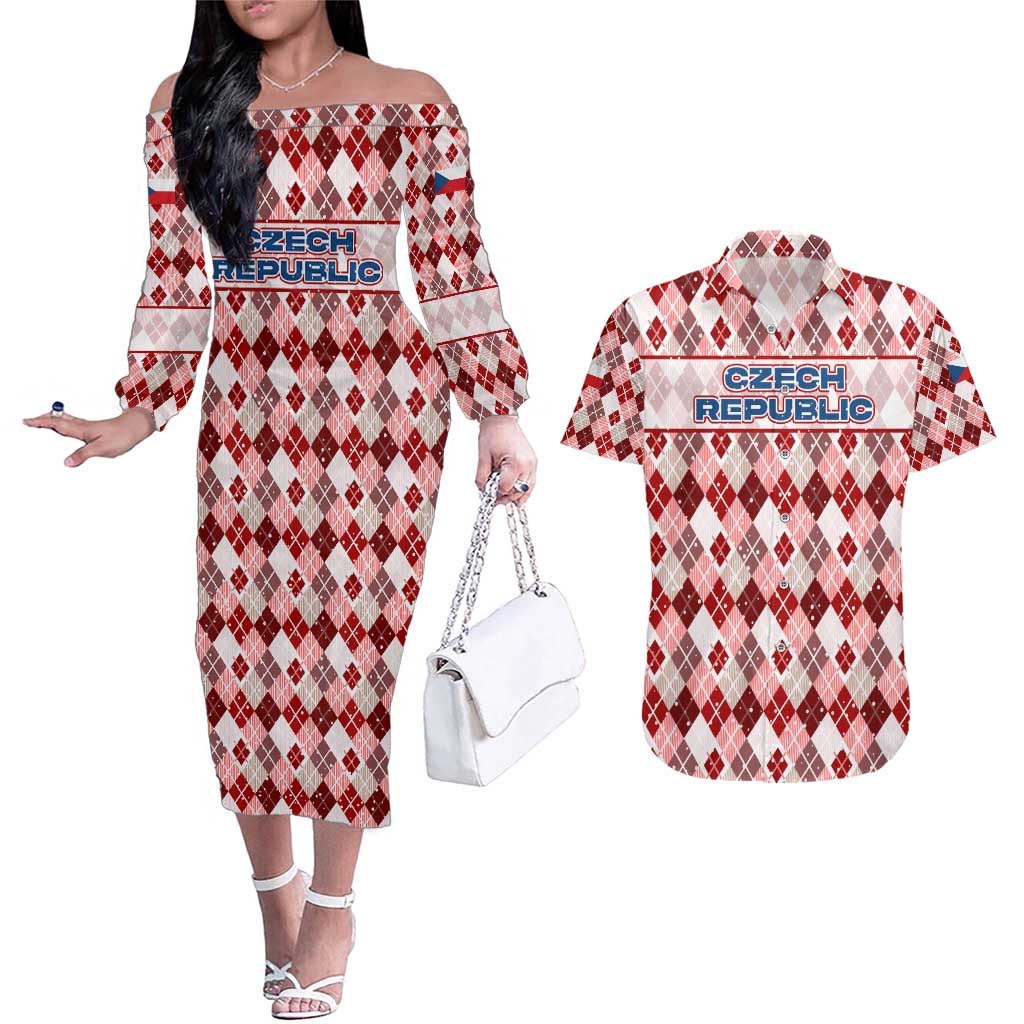 Czech Republic Christmas Couples Matching Off The Shoulder Long Sleeve Dress and Hawaiian Shirt with Red-White Checkered Design, Double-Tailed Lion, and Festive Motif - Wonder Print Shop