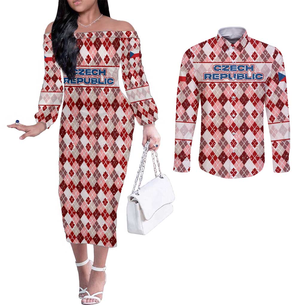 Czech Republic Christmas Couples Matching Off The Shoulder Long Sleeve Dress and Long Sleeve Button Shirt with Red-White Checkered Design, Double-Tailed Lion, and Festive Motif - Wonder Print Shop