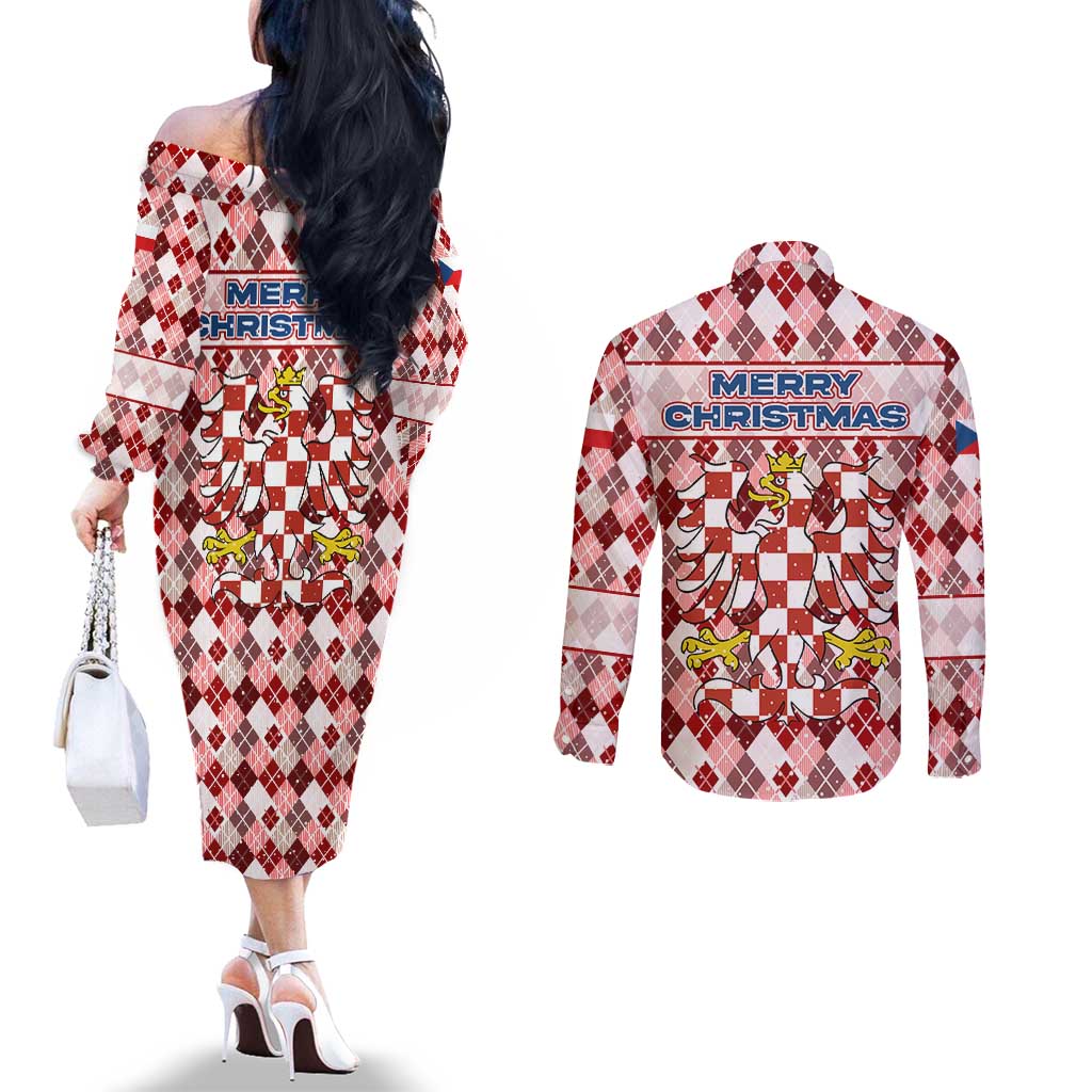 Czech Republic Christmas Couples Matching Off The Shoulder Long Sleeve Dress and Long Sleeve Button Shirt with Red-White Checkered Design, Double-Tailed Lion, and Festive Motif - Wonder Print Shop