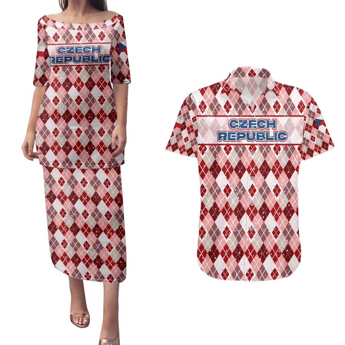 Czech Republic Christmas Couples Matching Puletasi and Hawaiian Shirt with Red-White Checkered Design, Double-Tailed Lion, and Festive Motif - Wonder Print Shop