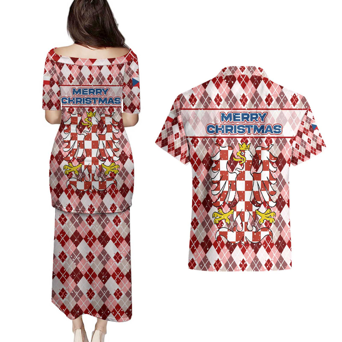 Czech Republic Christmas Couples Matching Puletasi and Hawaiian Shirt with Red-White Checkered Design, Double-Tailed Lion, and Festive Motif - Wonder Print Shop