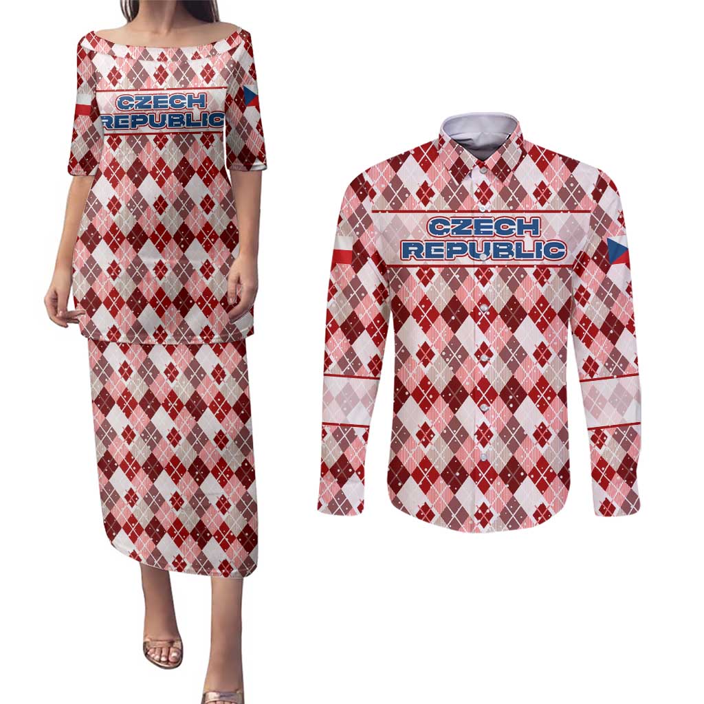 Czech Republic Christmas Couples Matching Puletasi and Long Sleeve Button Shirt with Red-White Checkered Design, Double-Tailed Lion, and Festive Motif - Wonder Print Shop