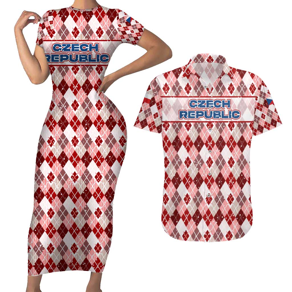 Czech Republic Christmas Couples Matching Short Sleeve Bodycon Dress and Hawaiian Shirt with Red-White Checkered Design, Double-Tailed Lion, and Festive Motif - Wonder Print Shop