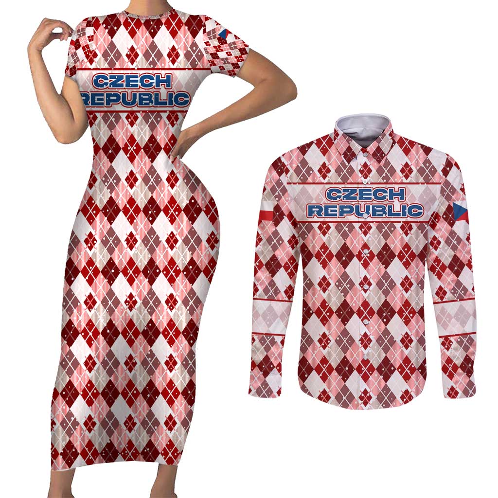 Czech Republic Christmas Couples Matching Short Sleeve Bodycon Dress and Long Sleeve Button Shirt with Red-White Checkered Design, Double-Tailed Lion, and Festive Motif - Wonder Print Shop