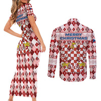 Czech Republic Christmas Couples Matching Short Sleeve Bodycon Dress and Long Sleeve Button Shirt with Red-White Checkered Design, Double-Tailed Lion, and Festive Motif - Wonder Print Shop