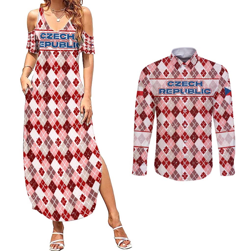 Czech Republic Christmas Couples Matching Summer Maxi Dress and Long Sleeve Button Shirt with Red-White Checkered Design, Double-Tailed Lion, and Festive Motif - Wonder Print Shop