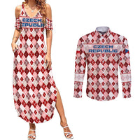 Czech Republic Christmas Couples Matching Summer Maxi Dress and Long Sleeve Button Shirt with Red-White Checkered Design, Double-Tailed Lion, and Festive Motif - Wonder Print Shop