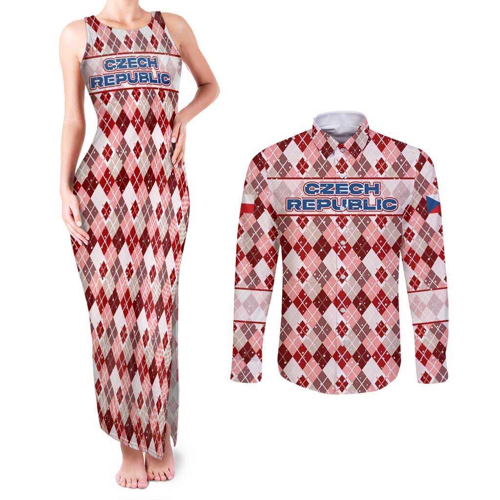Czech Republic Christmas Couples Matching Tank Maxi Dress and Long Sleeve Button Shirt with Red-White Checkered Design, Double-Tailed Lion, and Festive Motif - Wonder Print Shop