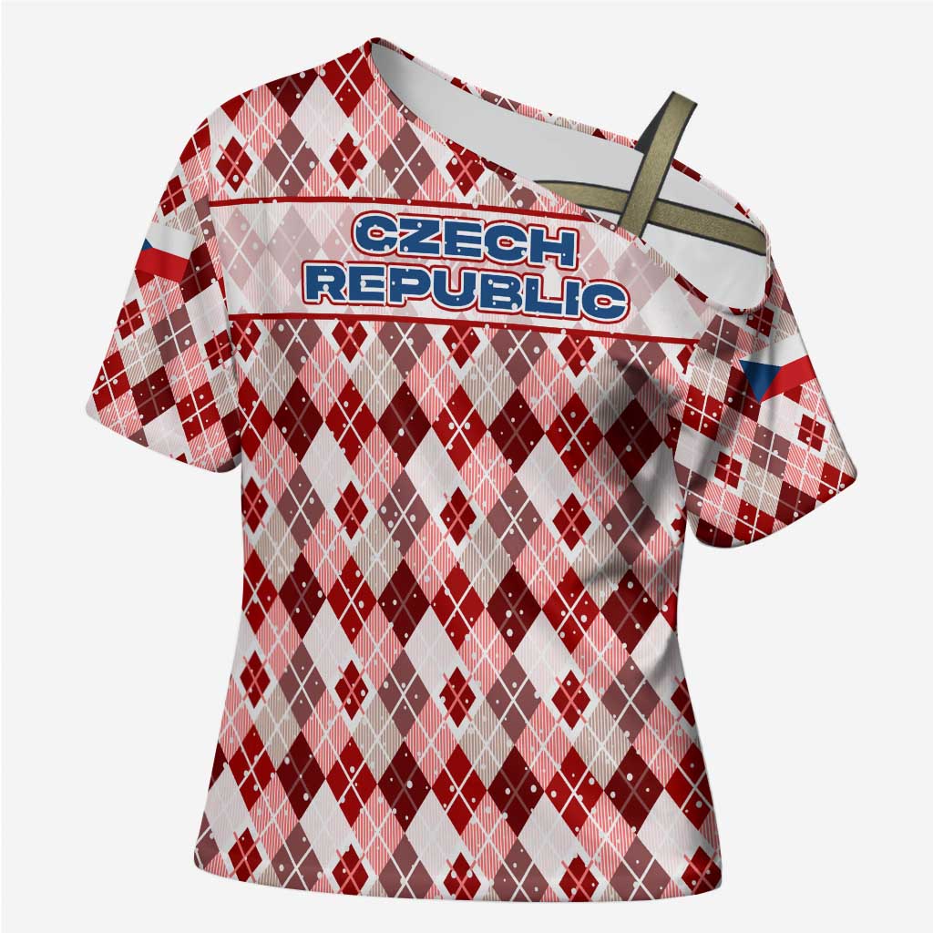 Czech Republic Christmas Cross Shoulder Shirt with Red-White Checkered Design, Double-Tailed Lion, and Festive Motif - Wonder Print Shop
