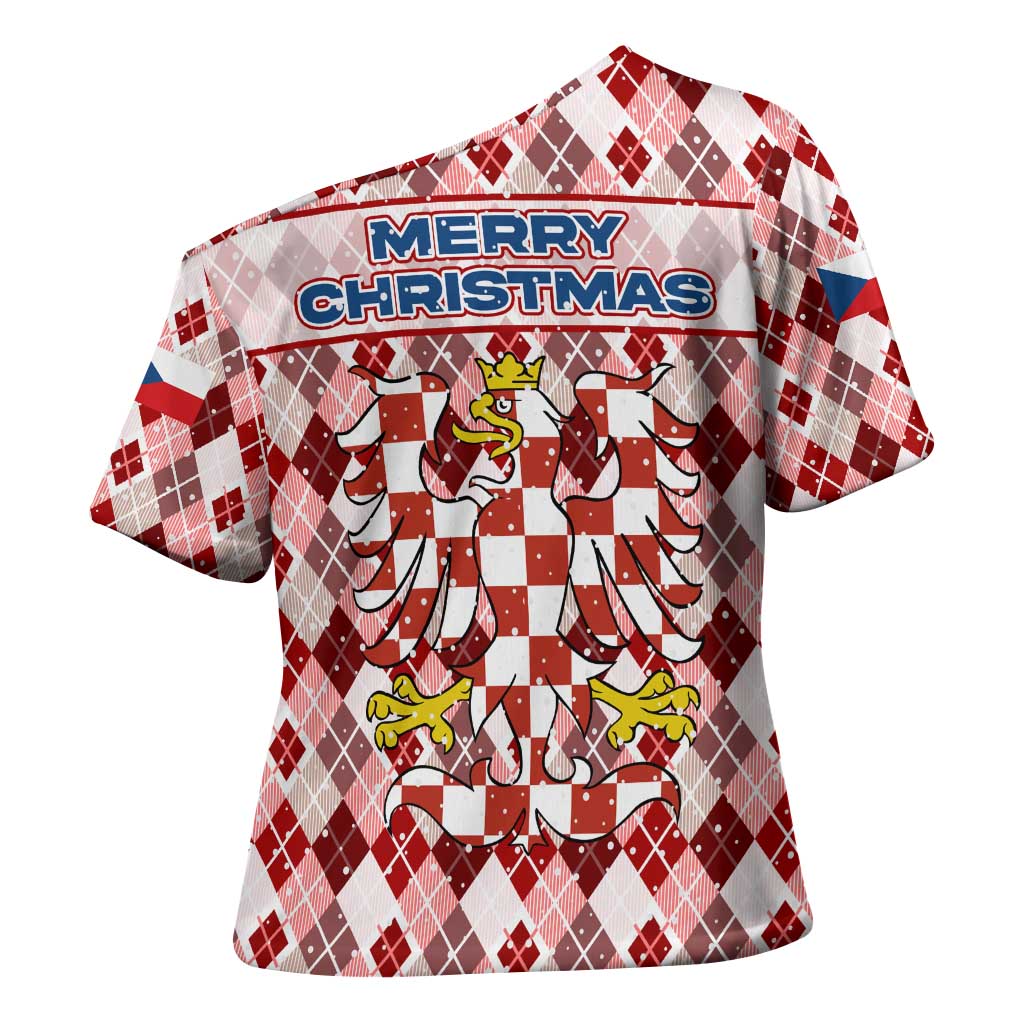 Czech Republic Christmas Cross Shoulder Shirt with Red-White Checkered Design, Double-Tailed Lion, and Festive Motif - Wonder Print Shop
