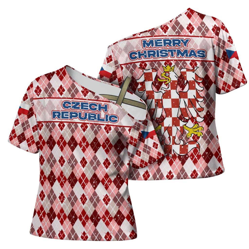 Czech Republic Christmas Cross Shoulder Shirt with Red-White Checkered Design, Double-Tailed Lion, and Festive Motif - Wonder Print Shop