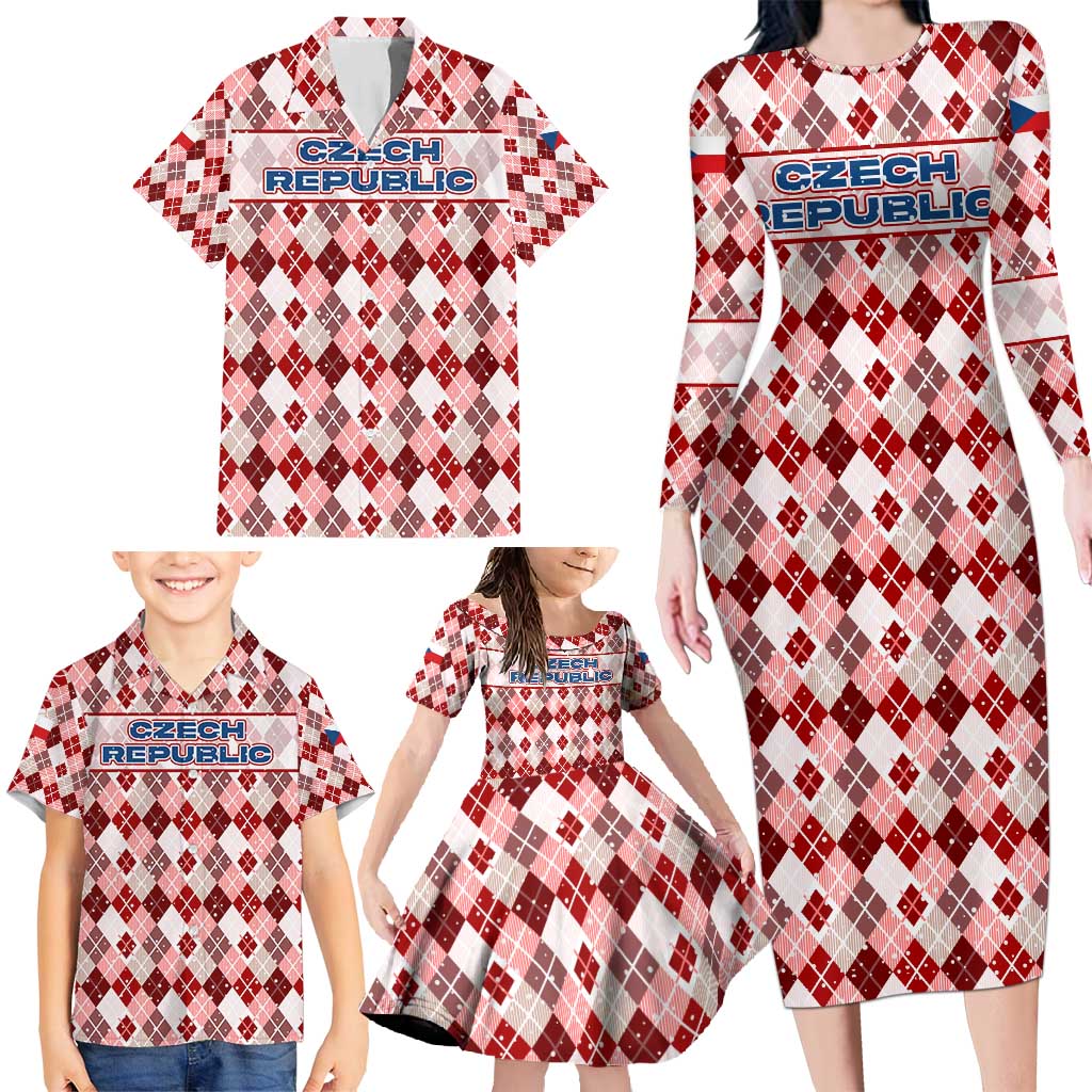 Czech Republic Christmas Family Matching Long Sleeve Bodycon Dress and Hawaiian Shirt with Red-White Checkered Design, Double-Tailed Lion, and Festive Motif - Wonder Print Shop