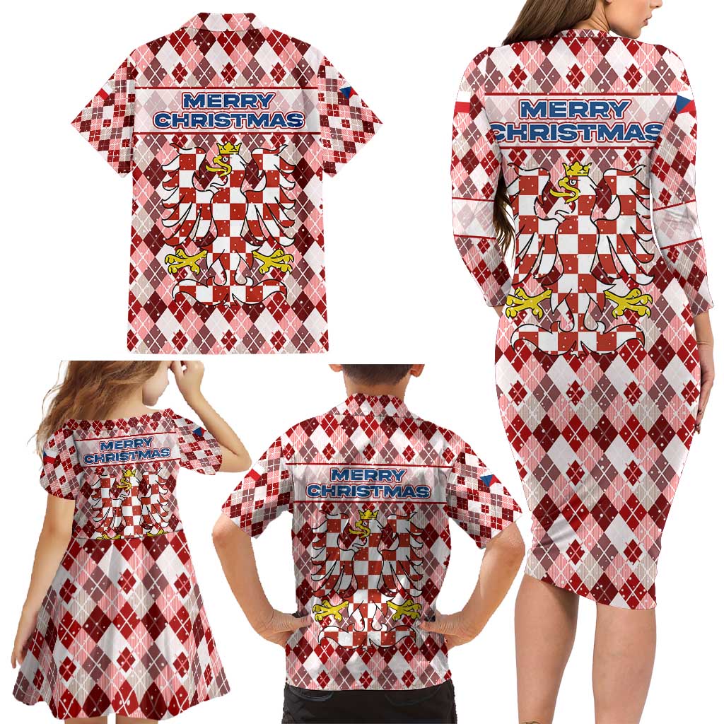 Czech Republic Christmas Family Matching Long Sleeve Bodycon Dress and Hawaiian Shirt with Red-White Checkered Design, Double-Tailed Lion, and Festive Motif - Wonder Print Shop