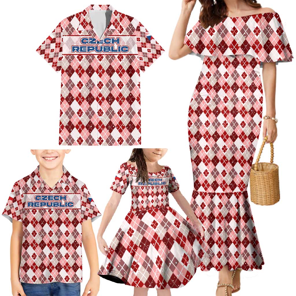 Czech Republic Christmas Family Matching Mermaid Dress and Hawaiian Shirt with Red-White Checkered Design, Double-Tailed Lion, and Festive Motif - Wonder Print Shop
