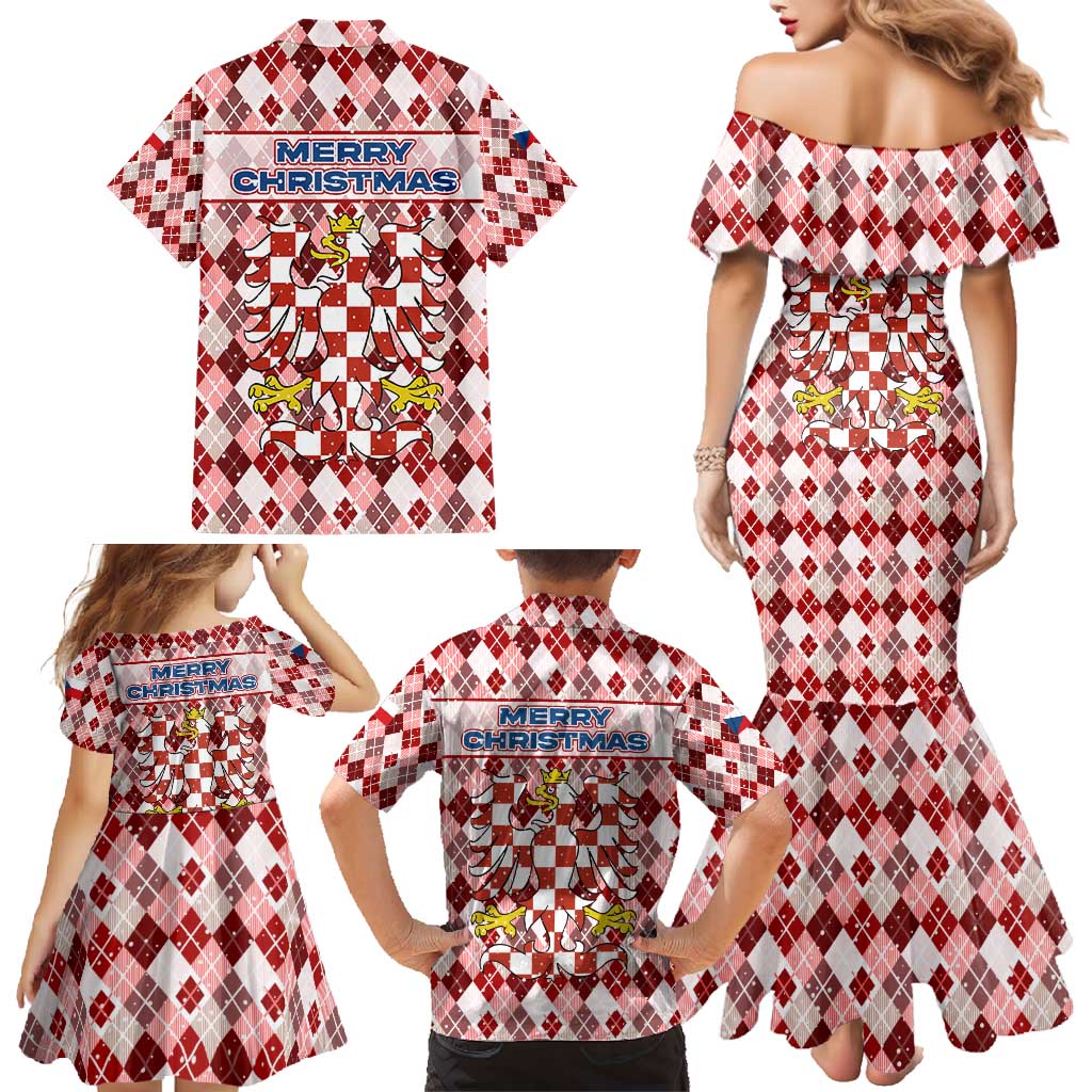 Czech Republic Christmas Family Matching Mermaid Dress and Hawaiian Shirt with Red-White Checkered Design, Double-Tailed Lion, and Festive Motif - Wonder Print Shop