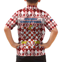 Czech Republic Christmas Family Matching Off The Shoulder Long Sleeve Dress and Hawaiian Shirt with Red-White Checkered Design, Double-Tailed Lion, and Festive Motif - Wonder Print Shop