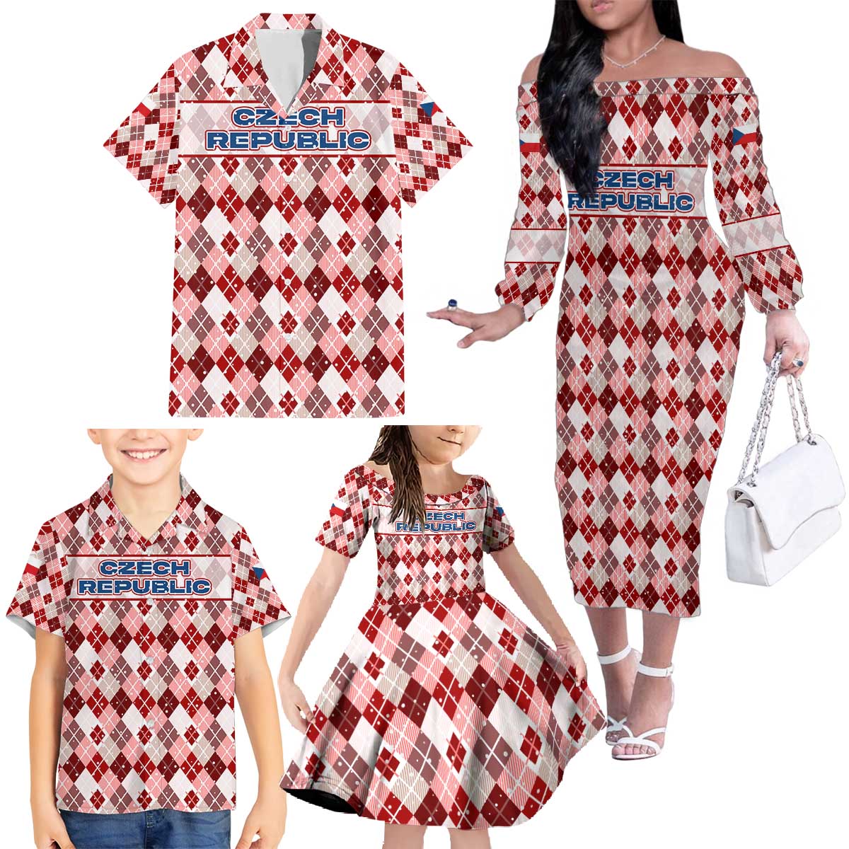 Czech Republic Christmas Family Matching Off The Shoulder Long Sleeve Dress and Hawaiian Shirt with Red-White Checkered Design, Double-Tailed Lion, and Festive Motif - Wonder Print Shop