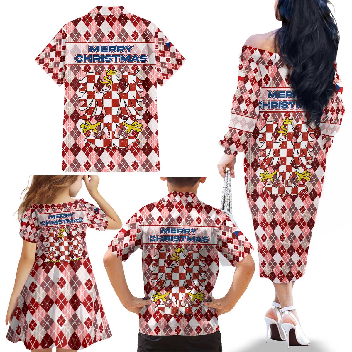 Czech Republic Christmas Family Matching Off The Shoulder Long Sleeve Dress and Hawaiian Shirt with Red-White Checkered Design, Double-Tailed Lion, and Festive Motif - Wonder Print Shop