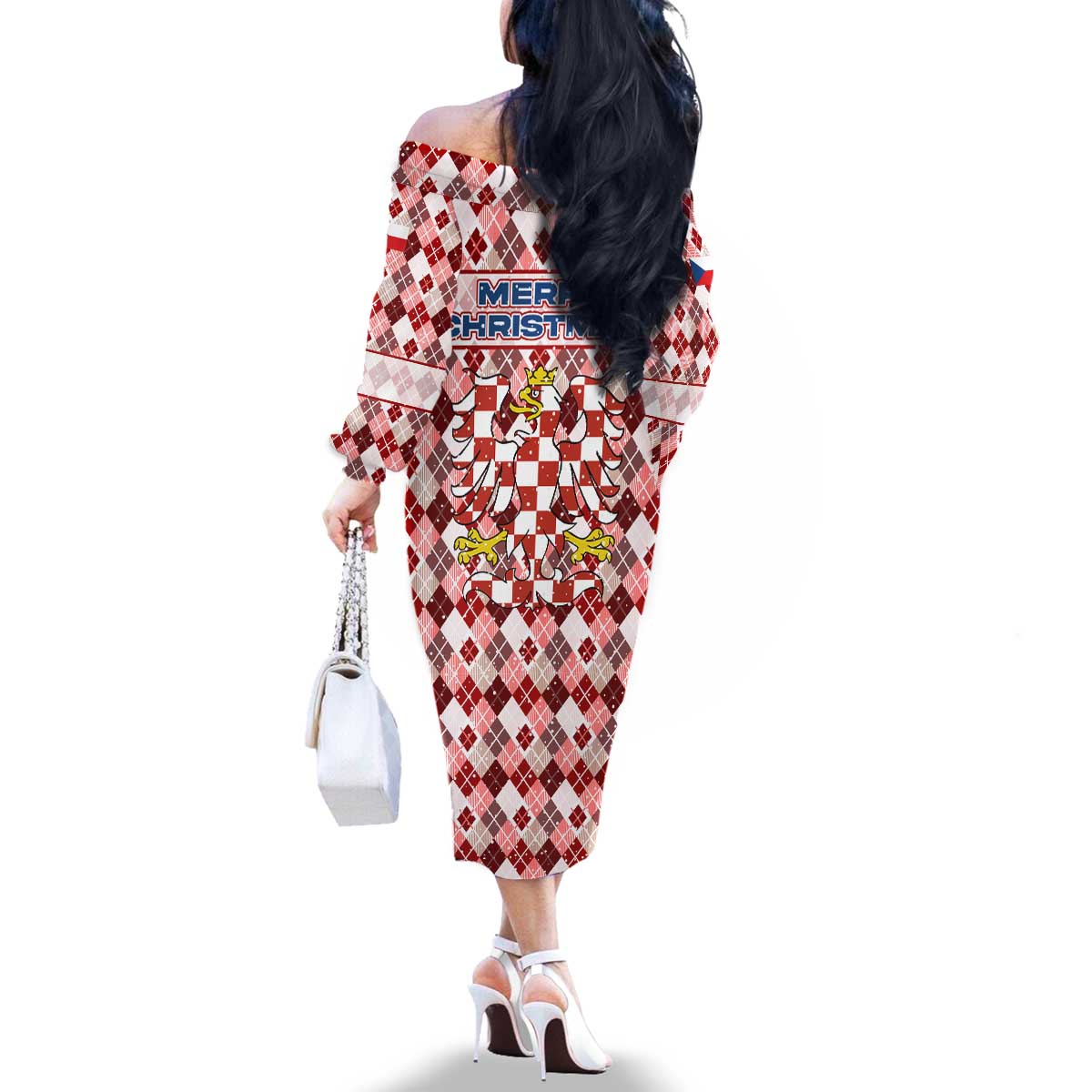 Czech Republic Christmas Family Matching Off The Shoulder Long Sleeve Dress and Hawaiian Shirt with Red-White Checkered Design, Double-Tailed Lion, and Festive Motif - Wonder Print Shop