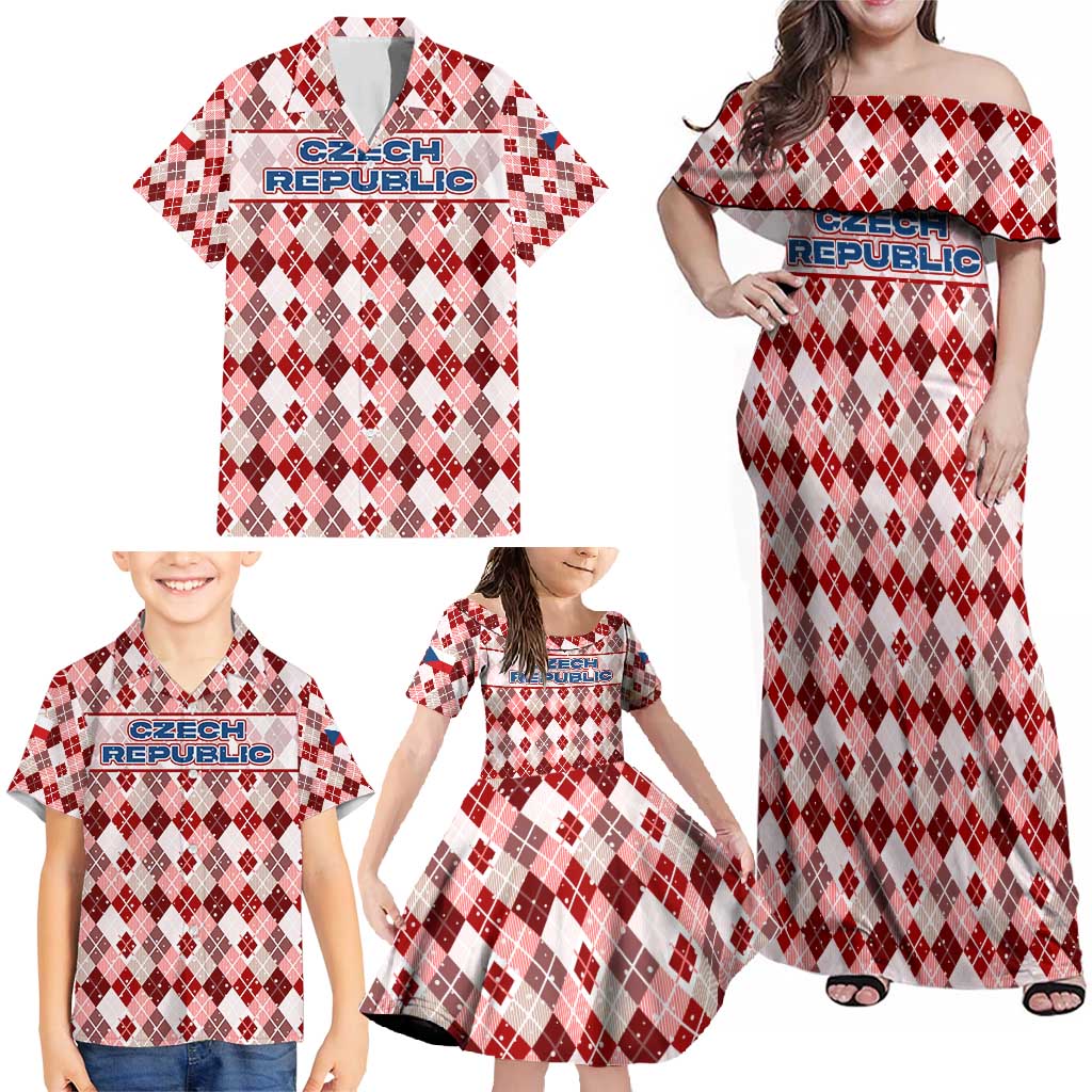 Czech Republic Christmas Family Matching Off Shoulder Maxi Dress and Hawaiian Shirt with Red-White Checkered Design, Double-Tailed Lion, and Festive Motif - Wonder Print Shop