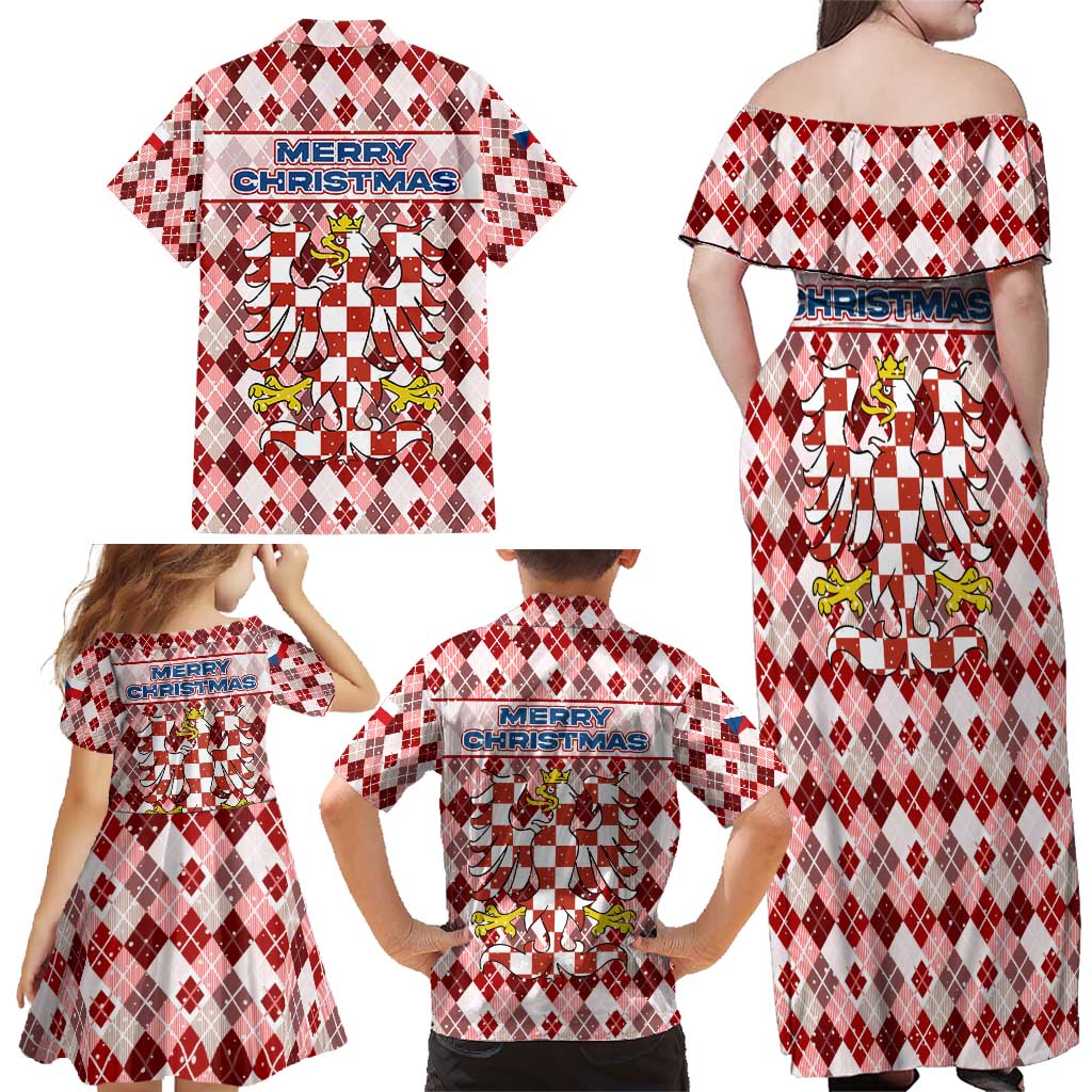 Czech Republic Christmas Family Matching Off Shoulder Maxi Dress and Hawaiian Shirt with Red-White Checkered Design, Double-Tailed Lion, and Festive Motif - Wonder Print Shop