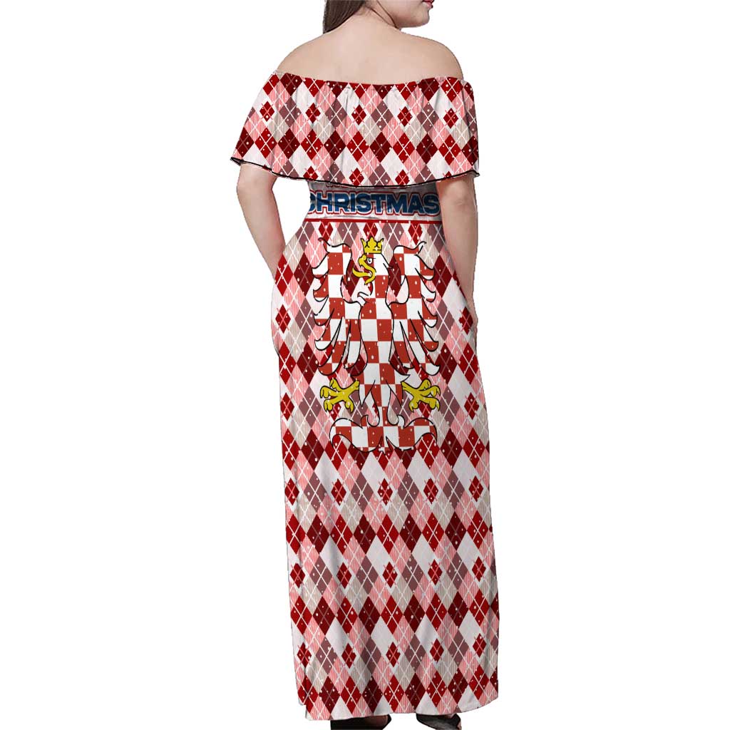 Czech Republic Christmas Family Matching Off Shoulder Maxi Dress and Hawaiian Shirt with Red-White Checkered Design, Double-Tailed Lion, and Festive Motif - Wonder Print Shop