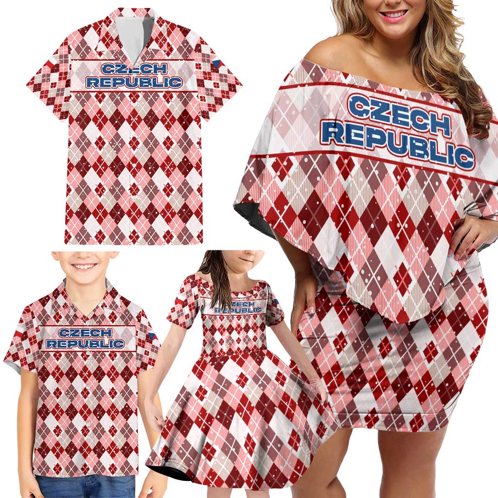 Czech Republic Christmas Family Matching Off Shoulder Short Dress and Hawaiian Shirt with Red-White Checkered Design, Double-Tailed Lion, and Festive Motif - Wonder Print Shop