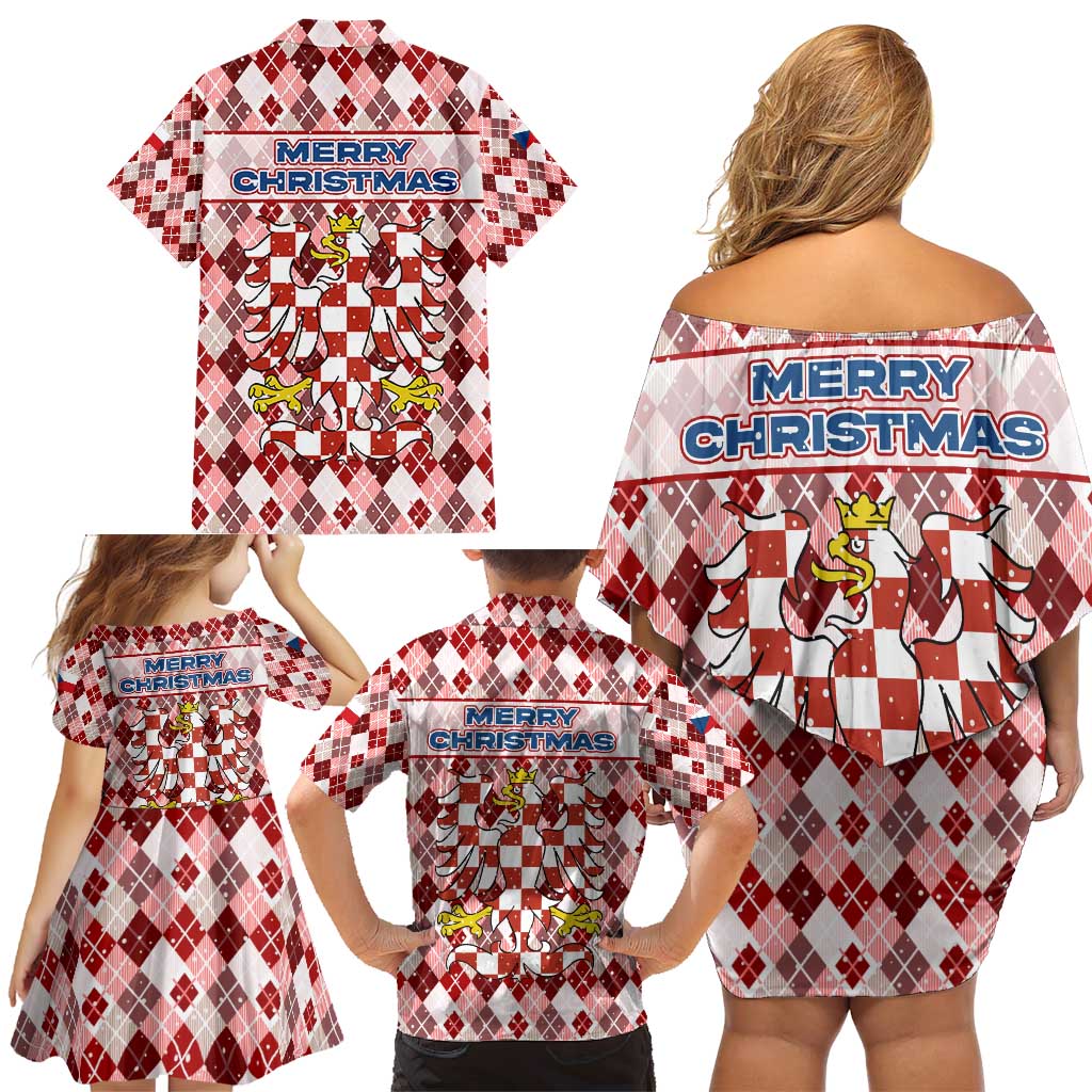 Czech Republic Christmas Family Matching Off Shoulder Short Dress and Hawaiian Shirt with Red-White Checkered Design, Double-Tailed Lion, and Festive Motif - Wonder Print Shop