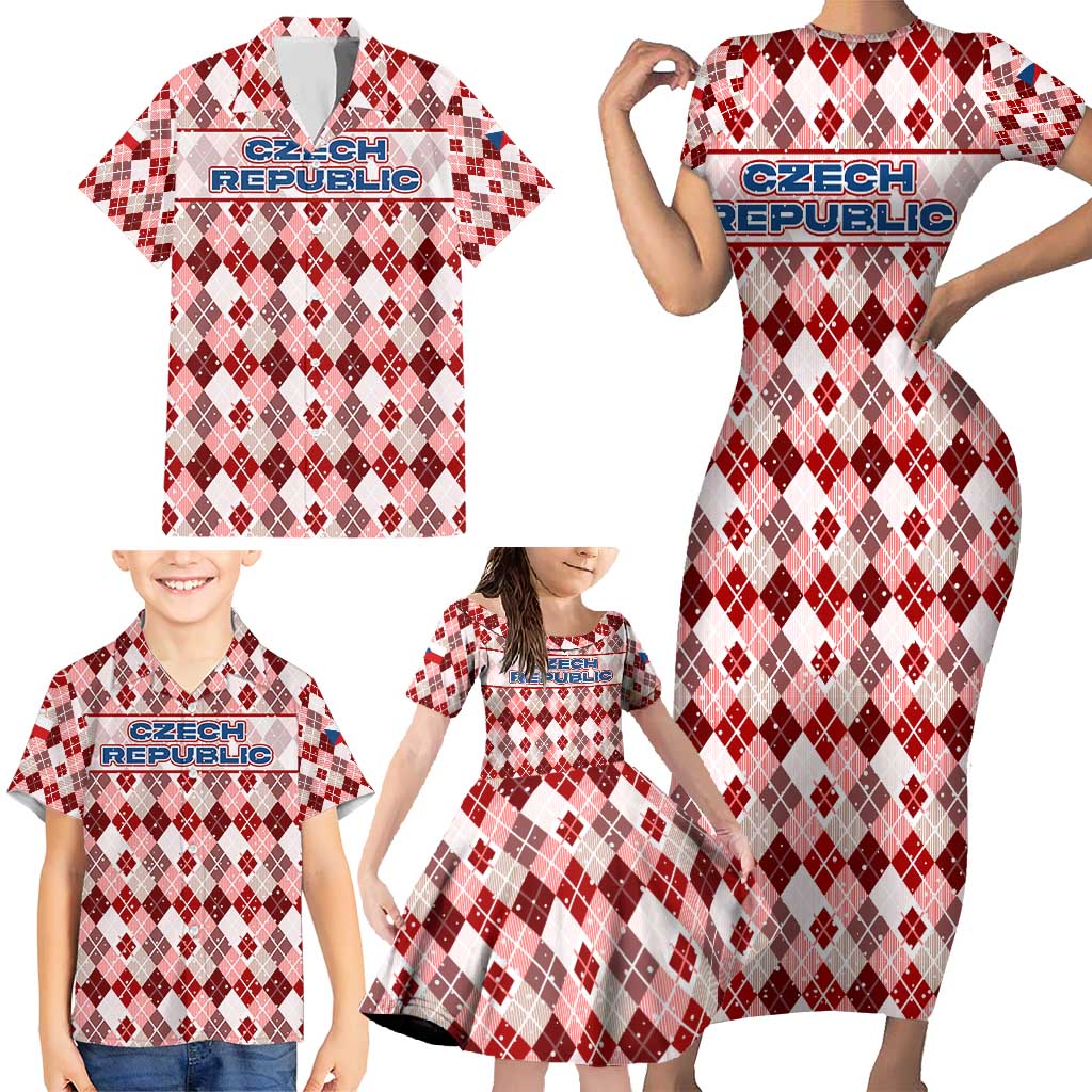 Czech Republic Christmas Family Matching Short Sleeve Bodycon Dress and Hawaiian Shirt with Red-White Checkered Design, Double-Tailed Lion, and Festive Motif - Wonder Print Shop